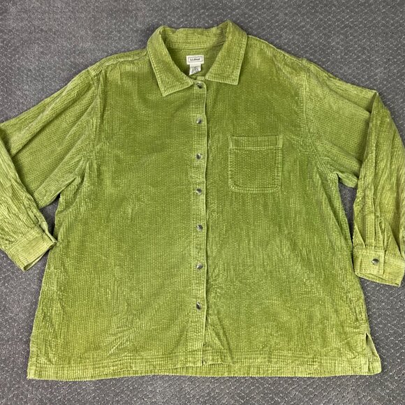 LL Bean Corduroy Shirt Jacket Shacket Women's 2X Green Cotton Wide Wale Chore - Picture 1 of 7